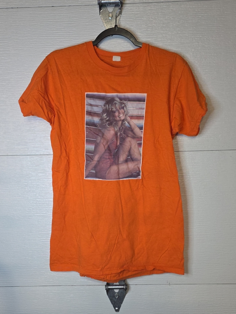 Men's Vintage 1970's Orange Short-Sleeve Graphic Tee with Farrah Fawcett.